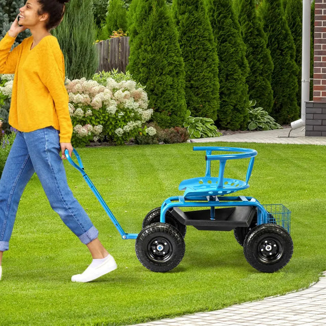 Cushioned Rolling Garden Cart Scooter with Storage Basket and Tool Pouch-Blue - Blue - Garden Carts