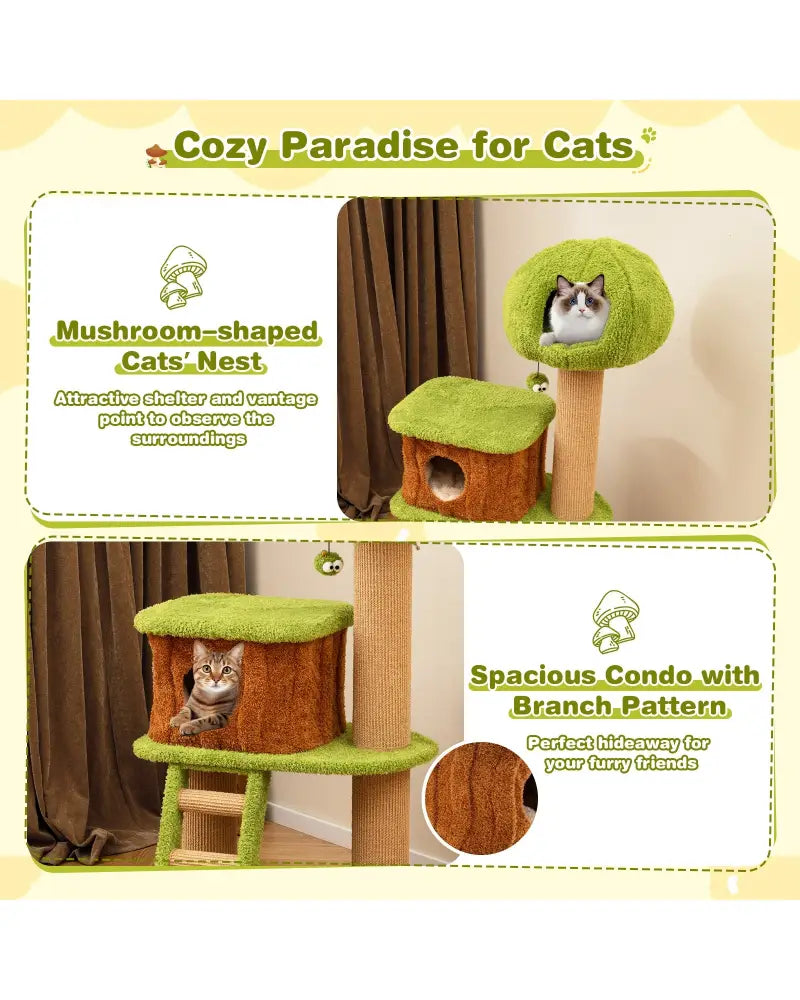 Cute Cat Tree for Indoor Cats with Mushroom-shaped Nest Condo and Climbing Ladder-Green - Green - Cat Trees Condos &