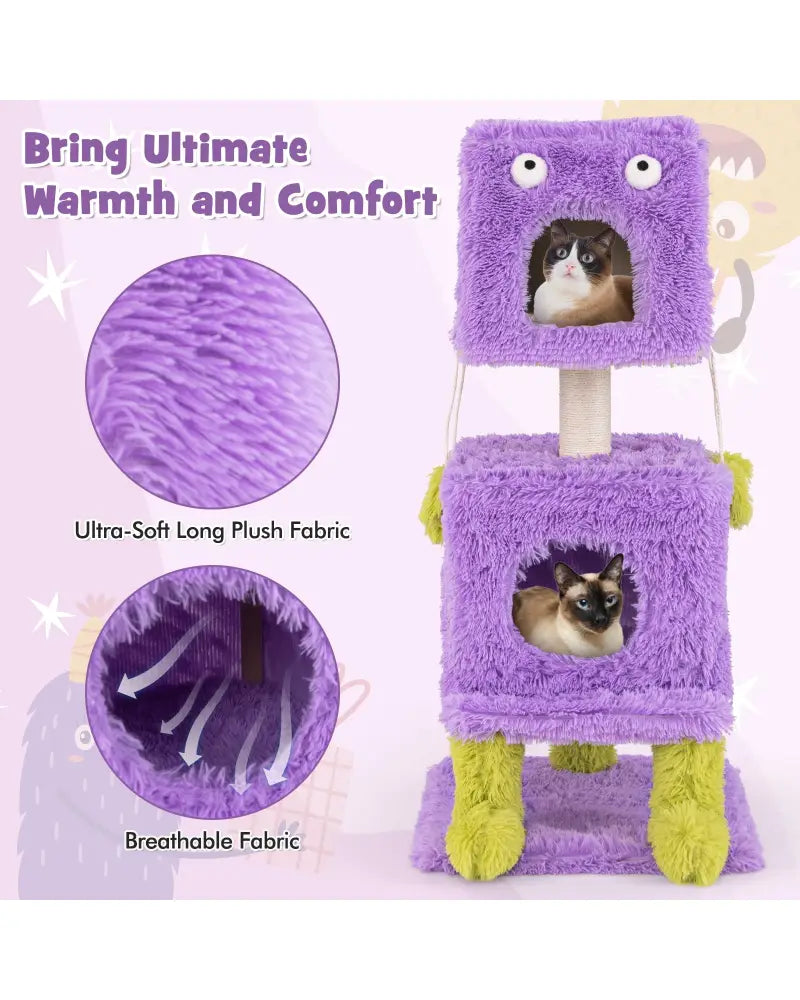 Cute Monster-Themed Cat Tower with 2 Private Condos for Small Place-Purple - Purple - Cat Trees Condos & Scratchers