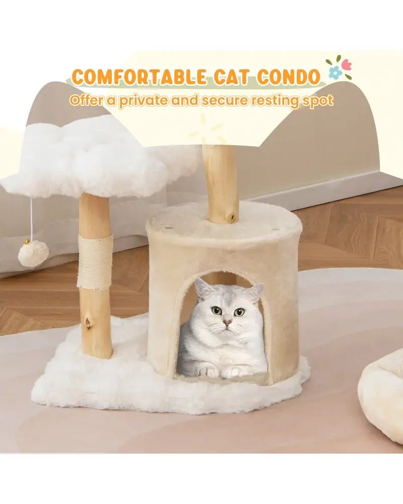 Cute Solid Wood Cat Tree Natural Branch Modern Flower Cat Tower with Sisal Scratching Posts-Beige - Beige - Cat Trees