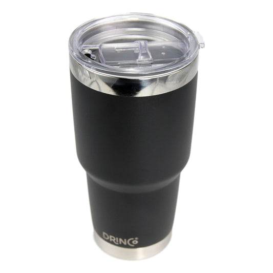 Black insulated tumbler with silver lid on a white background