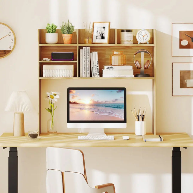 Desktop Bookshelf Countertop Storage Hutch with 6 Shelves-Beige - Beige - Bookcases