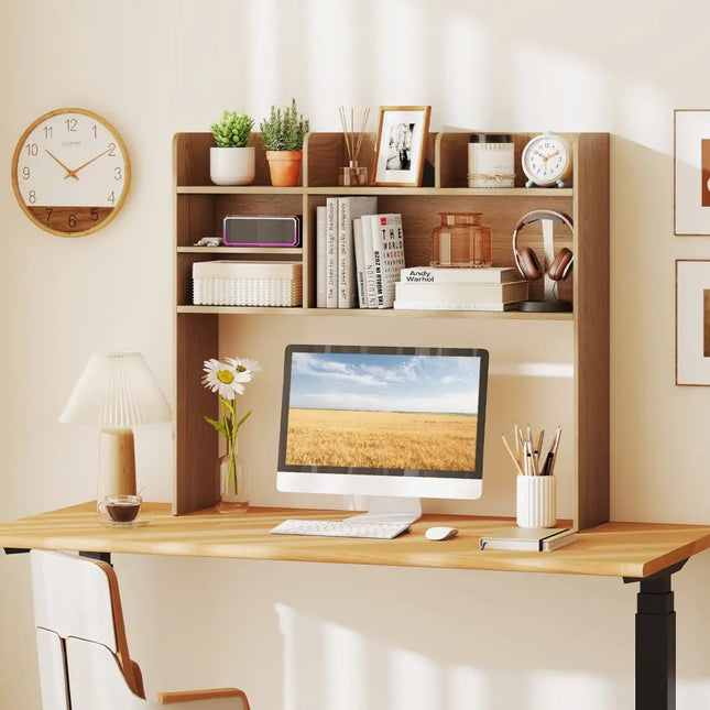 Desktop Bookshelf Countertop Storage Hutch with 6 Shelves-Natural - Natural - Bookcases