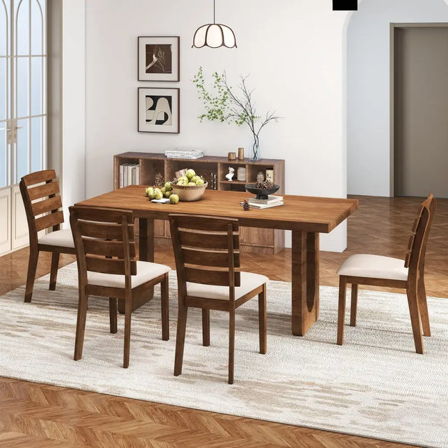 Dining Chair Set of 2 with Slatted High Backrest and Rubber Wood Legs-Brown - Brown - Dining Chairs
