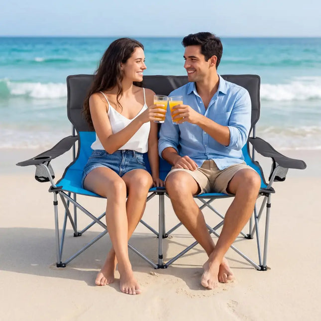 Double Camping Chair with Carry Bag Cup Holders-Blue - Blue - Camping Furniture