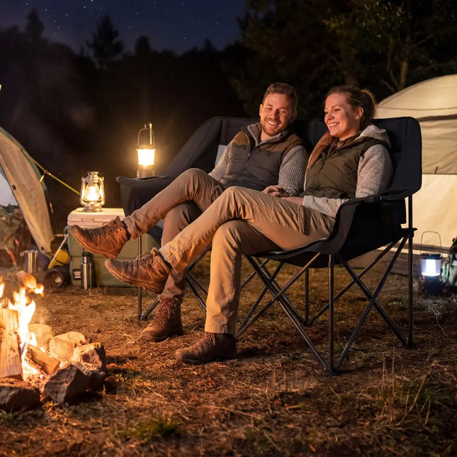 Double Camping Chair with Cup Holders Glass Racks and Mesh Pockets-DarkGray - Dark Gray - Camping Furniture