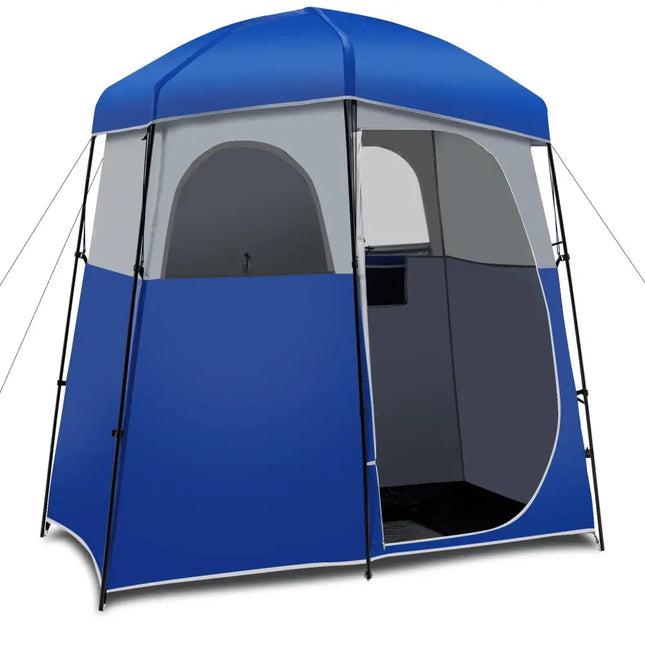 Double-Room Camping Toilet Tent with Floor and Portable Storage Bag-Blue - Blue - Tents