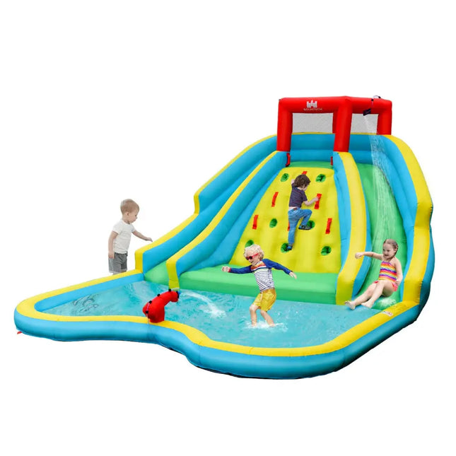 Double Side Inflatable Water Slide Park with Climbing Wall for Outdoor Without Blower - Blue - Inflatable Water Slides