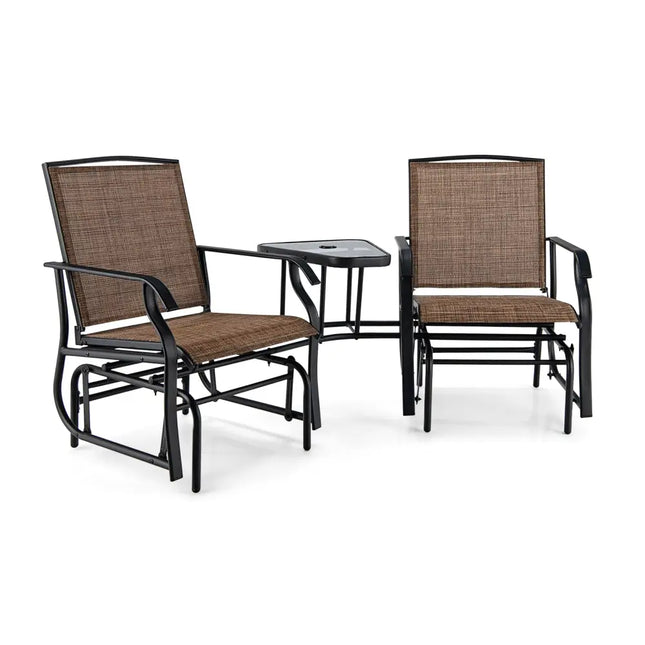 Double Swing Glider Rocker Chair set with Glass Table-Brown - Brown - Patio Conversation Sets