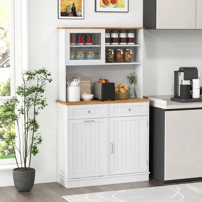 Double Tilt Out Trash Cabinet with Hutch and Rubber Wood Countertop - White - Sideboards Cabinets & Buffets