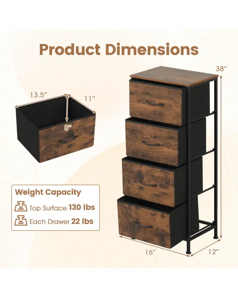 Dresser Nightstand with 4 Roomy Fabric Drawers and Metal Frame-Brown - Rustic Brown - Dressers & Chests