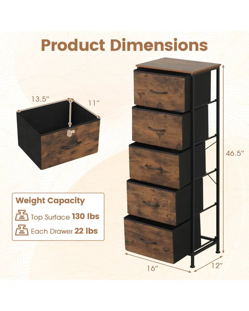 Dresser Nightstand with 5 Roomy Fabric Drawers for Bedroom-Rustic Brown - Rustic Brown - Dressers & Chests