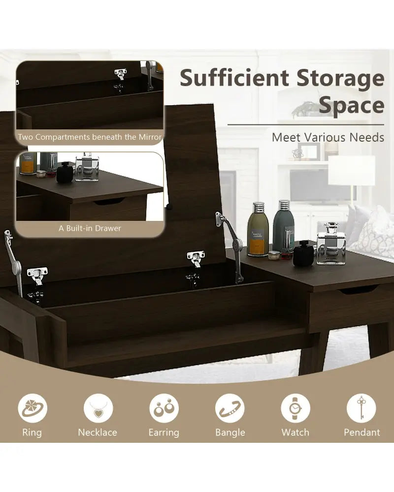 Dressing Table with Flip Mirror and Storage Drawer - Brown - Makeup Vanities