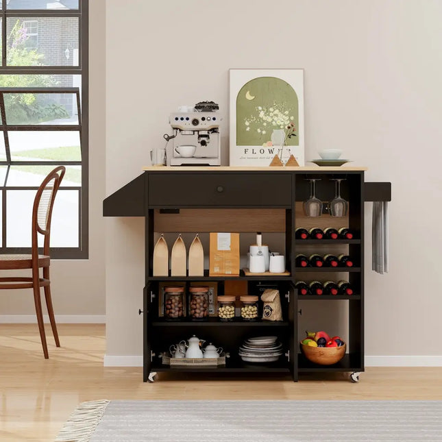 Drop Leaf Mobile Kitchen Island Cart with Power Outlet and Adjustable Shelf-Black and Natural - Black - Kitchen Islands