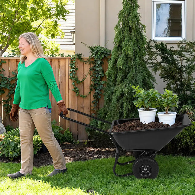 Dual-Wheel Wheelbarrow Garden Utility Cart with Pneumatic Tires-Black - Black - Garden Carts