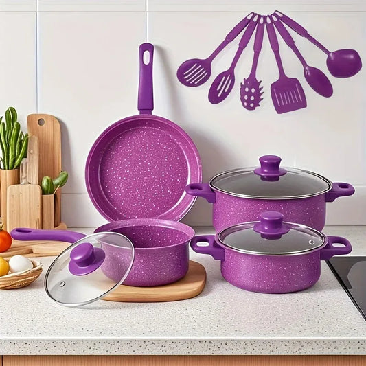 Purple cookware set with utensils on a kitchen counter