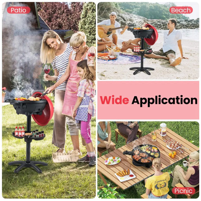 Electric BBQ Grill 1200W Indoor Outdoor Grill with 2-Zone Non-Stick Grilling Plate-Red - Red - Outdoor Grills
