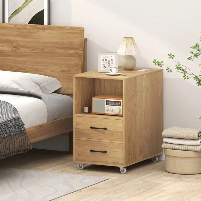 End Table with Built-in Charging Station Sofa Side Bedside Table on Wheels-Natural - Natural - End & Side Tables