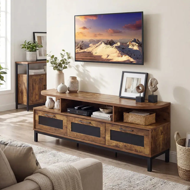 Entertainment Center with 3 Storage Drawers and Open Shelves-Rustic Brown - Rustic Brown - Entertainment Centers & TV
