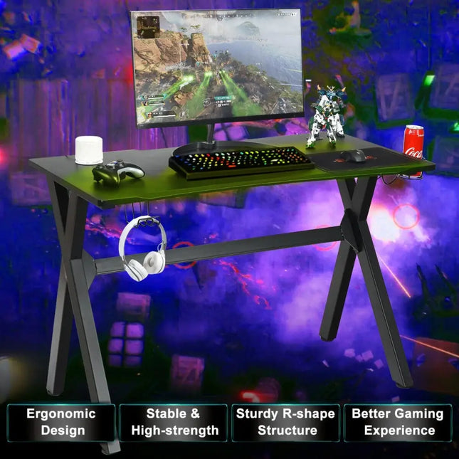 Ergonomic Gaming Desk with Mousepad and Cup Headphone Holder - Black - Gaming Desks
