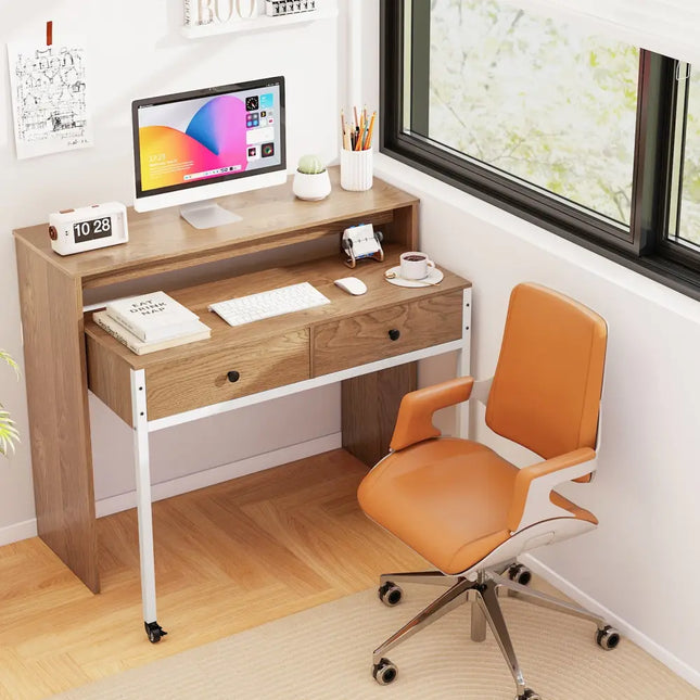 Extendable Computer Desk with Pull Out Secondary Desk-Natural - Natural - Office Desks