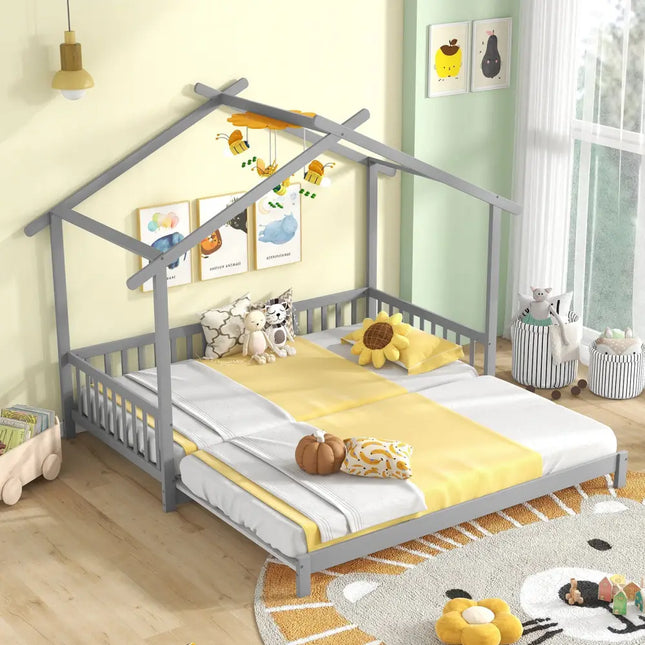 Extendable House Bed Twin to King Daybed with Roof and Fence Rails-Gray - Gray - Trundle Bed Frame