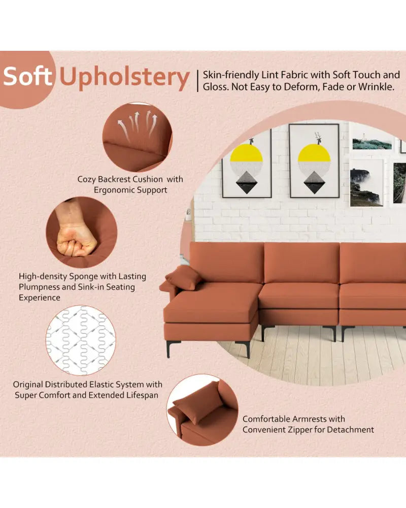 Extra Large L-shaped Sectional Sofa with Reversible Chaise and 2 USB Ports for 4-5 People-Rust Red - Red - Sofas &