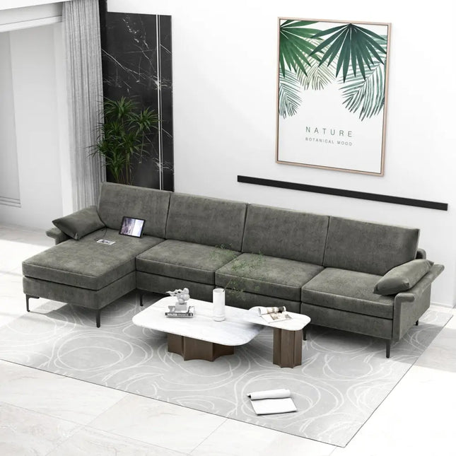 Extra Large L-shaped Sectional Sofa with Reversible Chaise and 2 USB Ports for 4-5 People-Gray - Gray - Sofas &