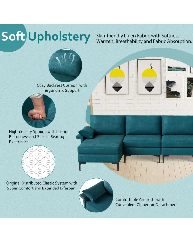 Extra Large L-shaped Sectional Sofa with Reversible Chaise and 2 USB Ports for 4-5 People-Peacock Blue - Turquoise