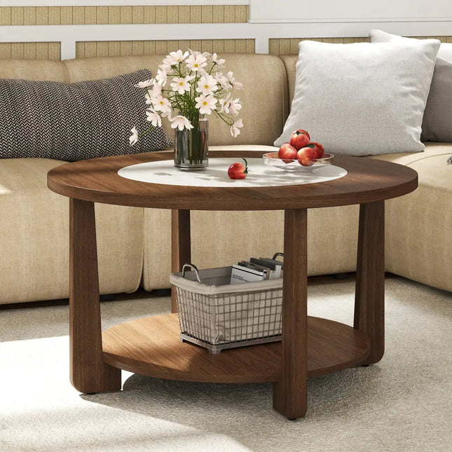 Farmhouse Accent Round Coffee Table with 2-Tone Tabletop and Open Storage Shelf for Living Room-Brown - Brown - Coffee