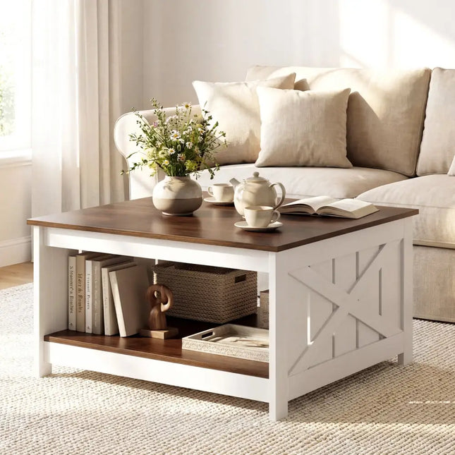 Farmhouse Coffee Table 31 Inch Square Coffee Table with Storage Shelf-White - White - Coffee Tables