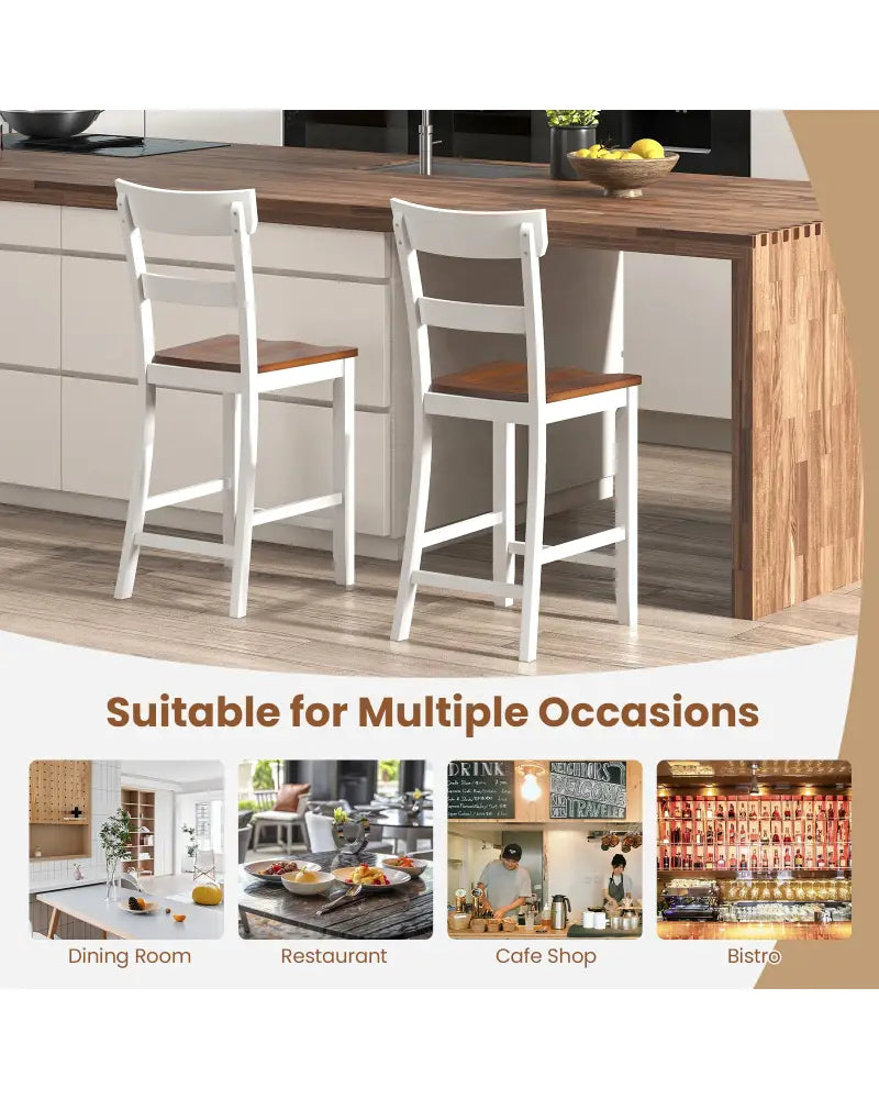 Farmhouse Dining Bar Stool Set of 2 with Solid Rubber Wood Frame-White - White - Dining Chairs