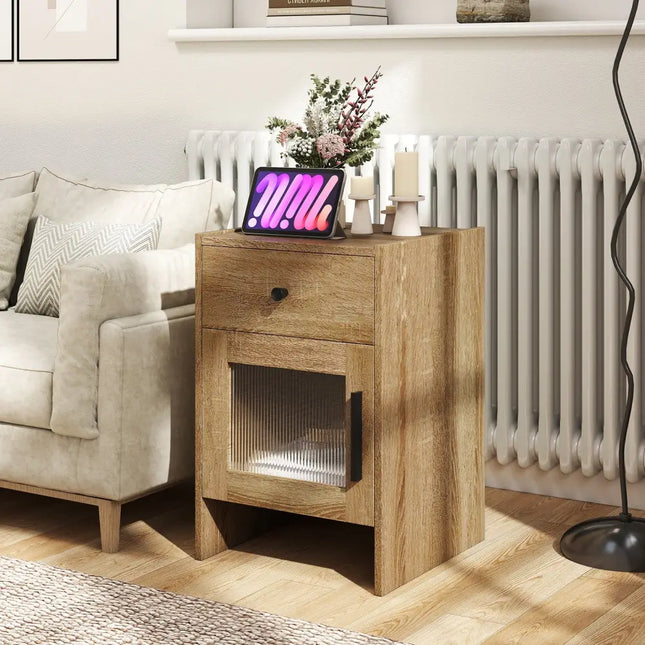 Farmhouse Sofa Side Table with Drawer and Cabinet-Antique Brush White - Natural - Living Room