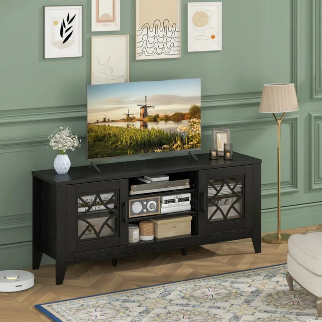 Farmhouse TV Stand for TVs Up to 65 Inches 4 Adjustable Shelves-Black - Black - Living Room