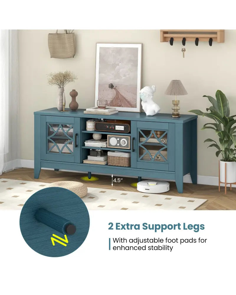 Farmhouse TV Stand for TVs Up to 65 Inches 4 Adjustable Shelves-Teal Blue - Blue - Entertainment Centers & TV Stands