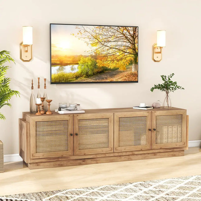 Farmhouse TV Stand for TVs up to 75 Inches with 2 Cabinets-Oak - Oak - Entertainment Centers & TV Stands