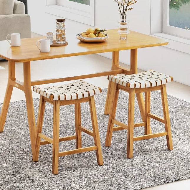Faux PU Leather Bar Stools Set of 2 with Woven Curved Seat Natural-25.5 inches - Natural - Bar Stools