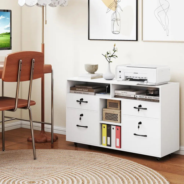 File Cabinet with Lock Mobile Lateral Filing Storage Organizer Modern Rolling Printer Stand-White - White - File