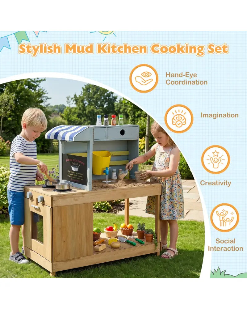 Fir Wood Kids Kitchen Playset with Canopy and Faucet-Natural - Natural - Play Kitchen Sets