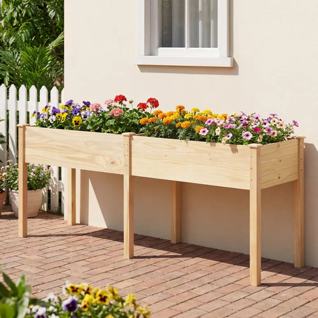 Fir Wood Outdoor Raised Garden Bed with Divider Panel and Drainage Holes-Natural - Natural - Raised Garden Beds