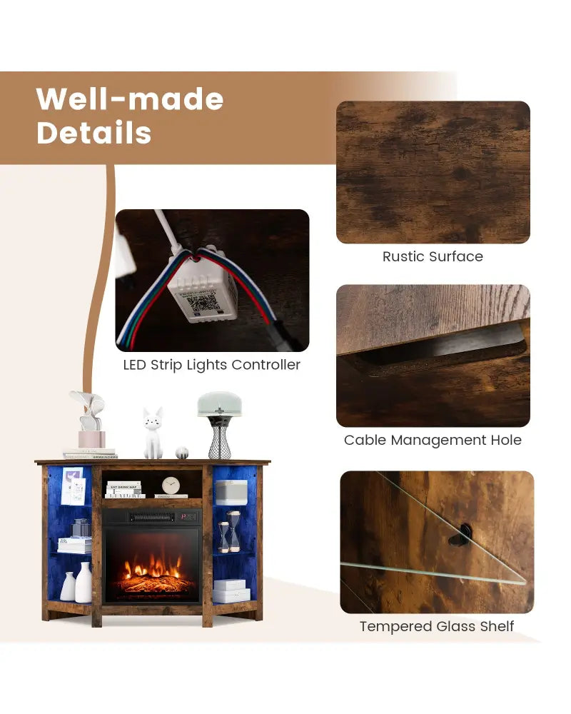Fireplace Corner TV Stand with LED Lights and Smart APP Control for 50 Inches TV-Rustic Brown - Rustic Brown