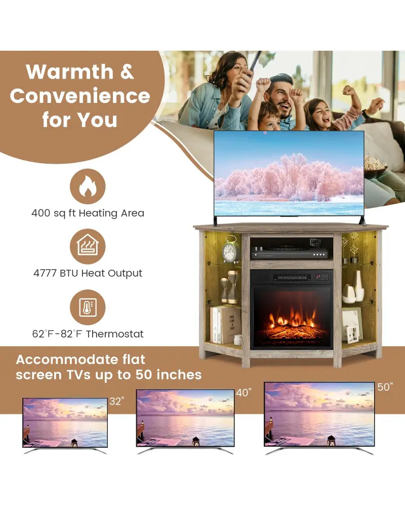 Fireplace Corner TV Stand with LED Lights and Smart APP Control for 50 Inches TV-Gray - Gray - Entertainment Centers &