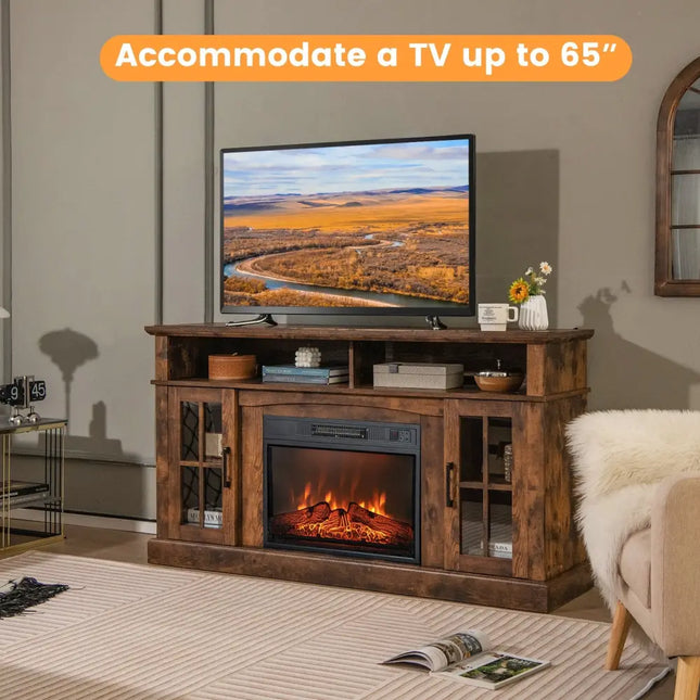 Fireplace TV Stand for TVs Up to 65 Inch with Side Cabinets and Remote Control-Brown - Brown - Living Room