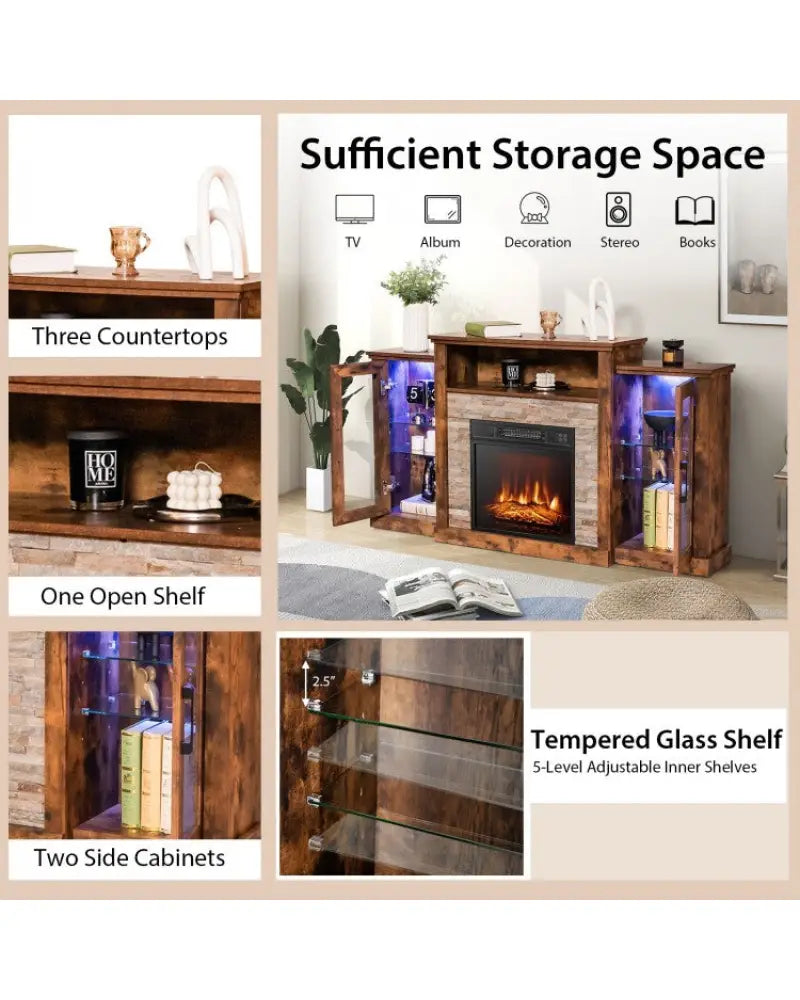 Fireplace TV Stand with 16-Color Led Lights for TVs up to 65 Inch-Brown - Brown - Entertainment Centers & TV Stands