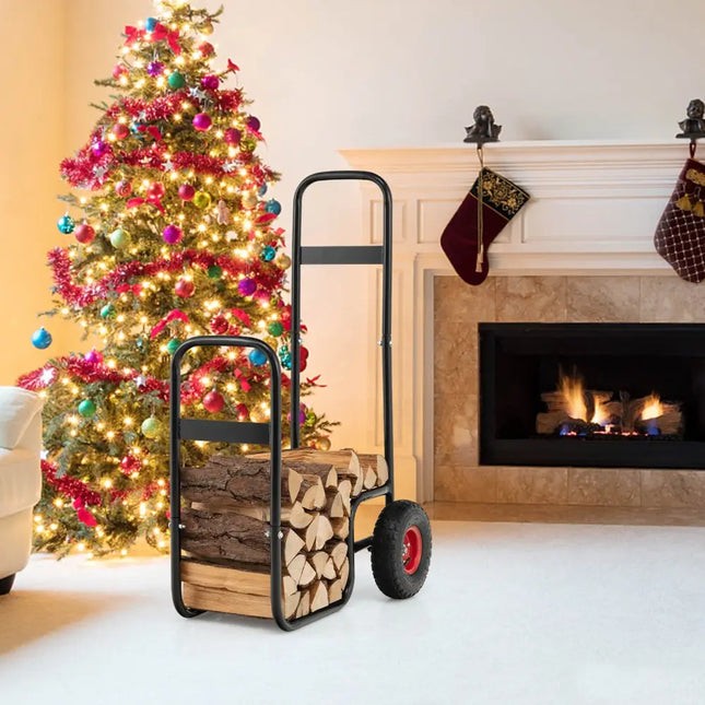 Firewood Log Cart Carrier with Wear-Resistant and Shockproof Rubber Wheels - Black - Log Storage