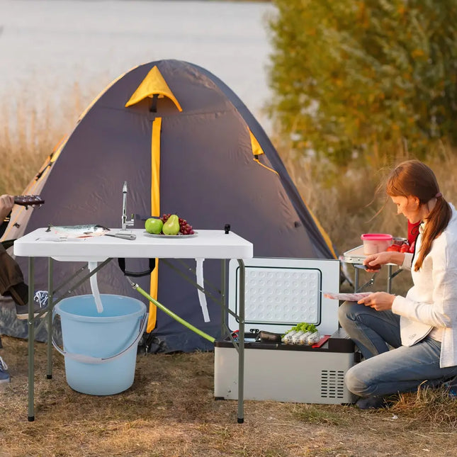 Fish Cleaning Table with 2 Sinks and 360° Rotatable Fauce-White - White - Camping Furniture