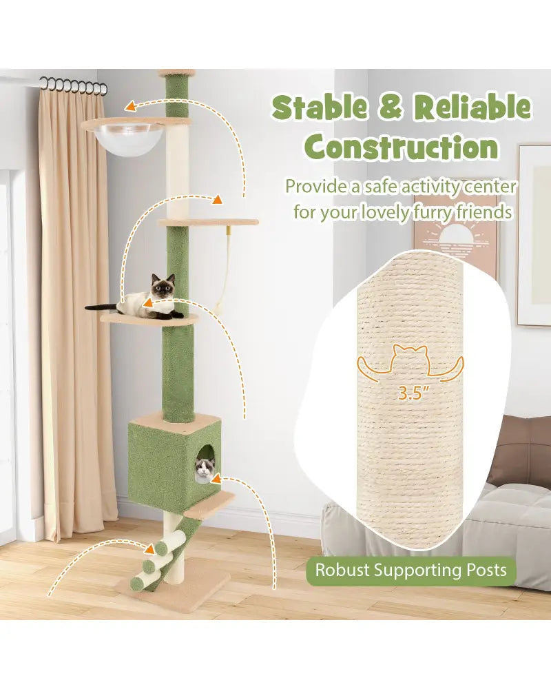 Floor to Ceiling Cat Tree with 86-99.5 Inch Adjustable Height and Extra Post-Green - Green - Cat Trees Condos &
