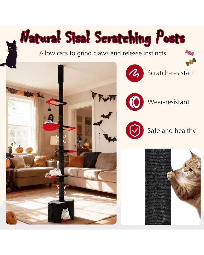 Floor to Ceiling Gothic Cat Tree 97-118 Inches Adjustable 5-Tier with Condo-Black - Black & Red - Cat Trees Condos &