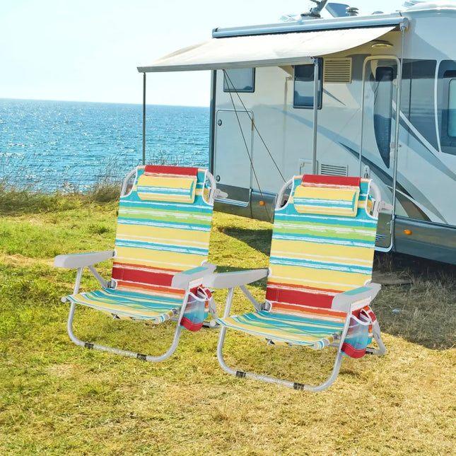 Foldable Backpack Beach Chair with Cup Holder and Storage Pockets Set of 2-Multicolor - Multicolor - Beach & Lawn Chairs