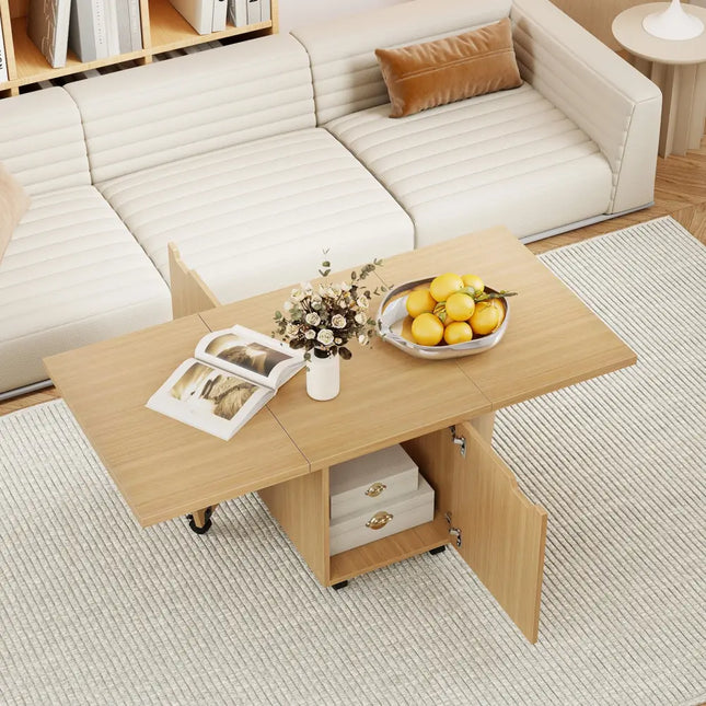 Foldable Coffee Table with Storage Cabinet Extendable Center Table-Oak - Oak - Coffee Tables